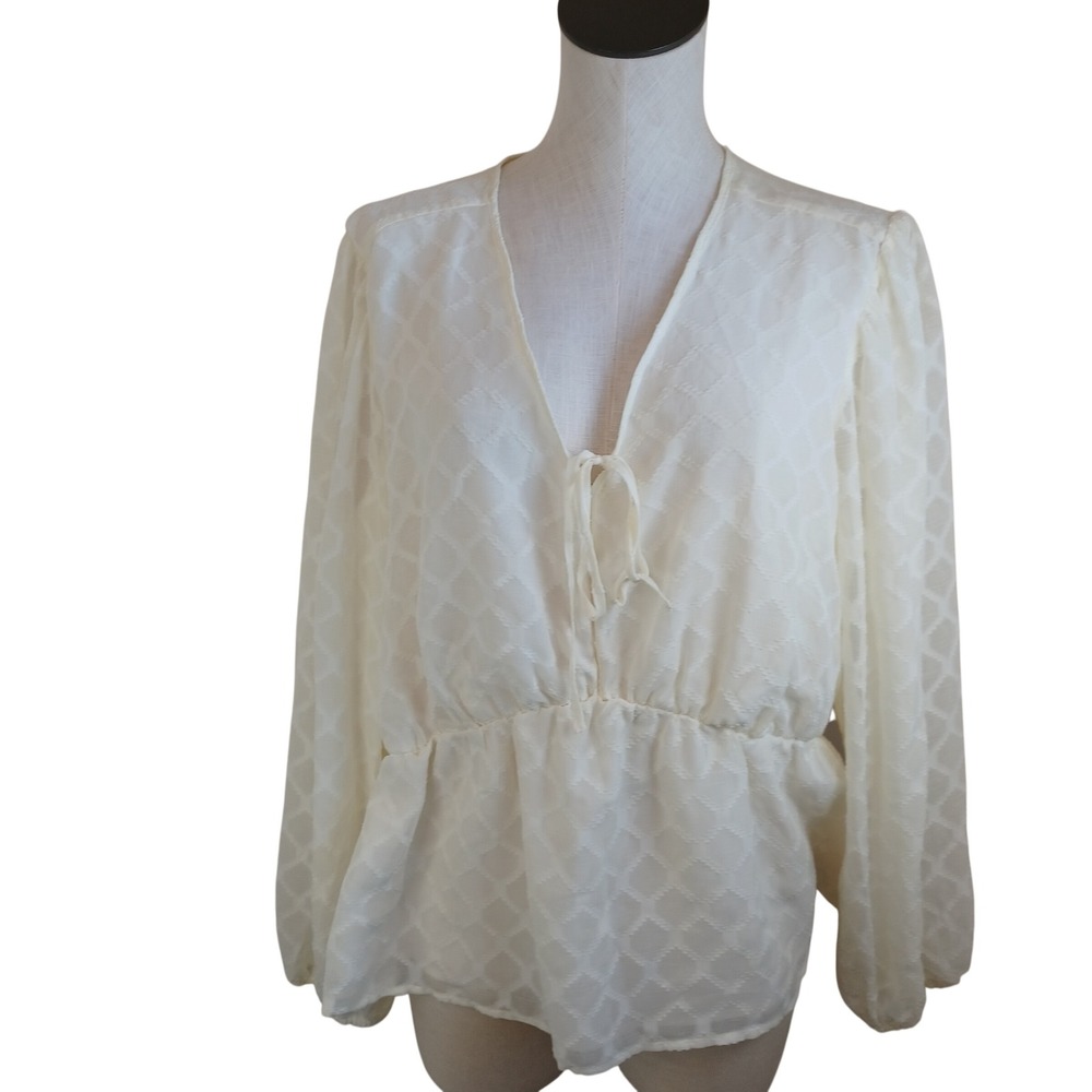 Elizabeth and James Cream Clip Dot Peplum Blouse XL V-Neck Tie‎ Balloon Sleeve